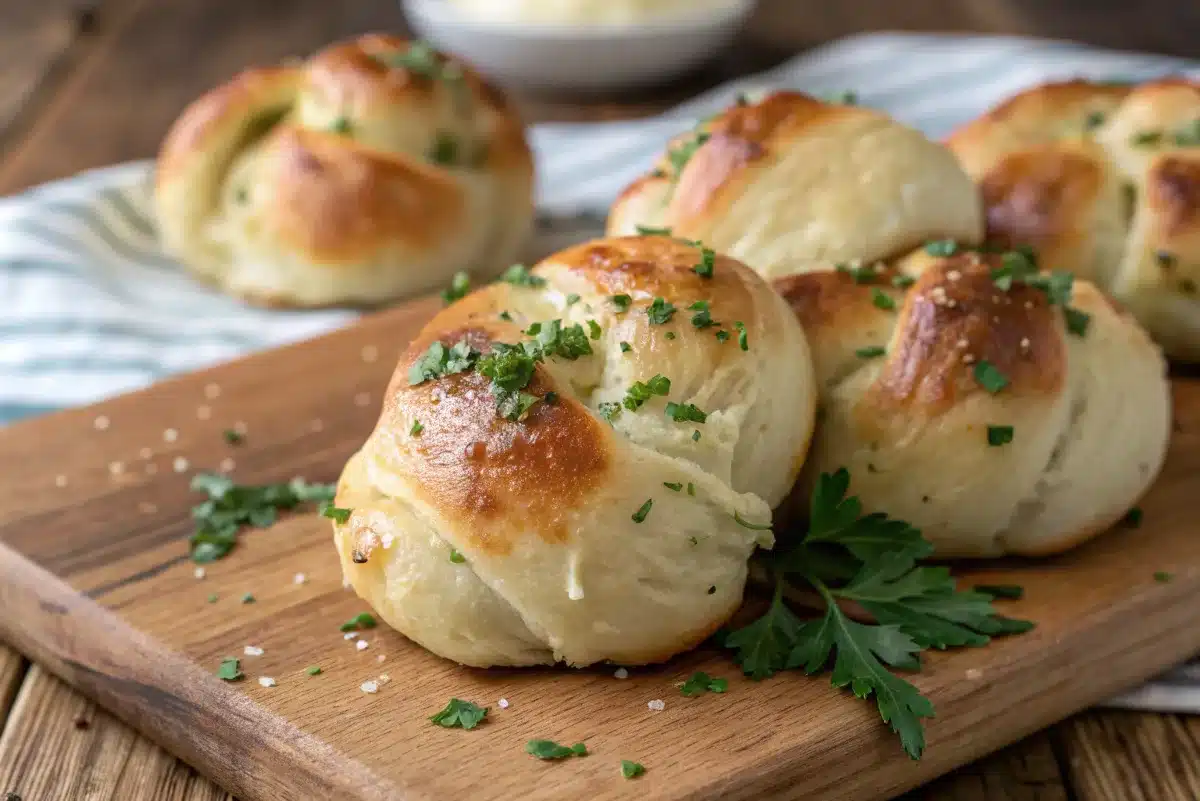 Golden-brown sourdough garlic knots with melted butter and parsley