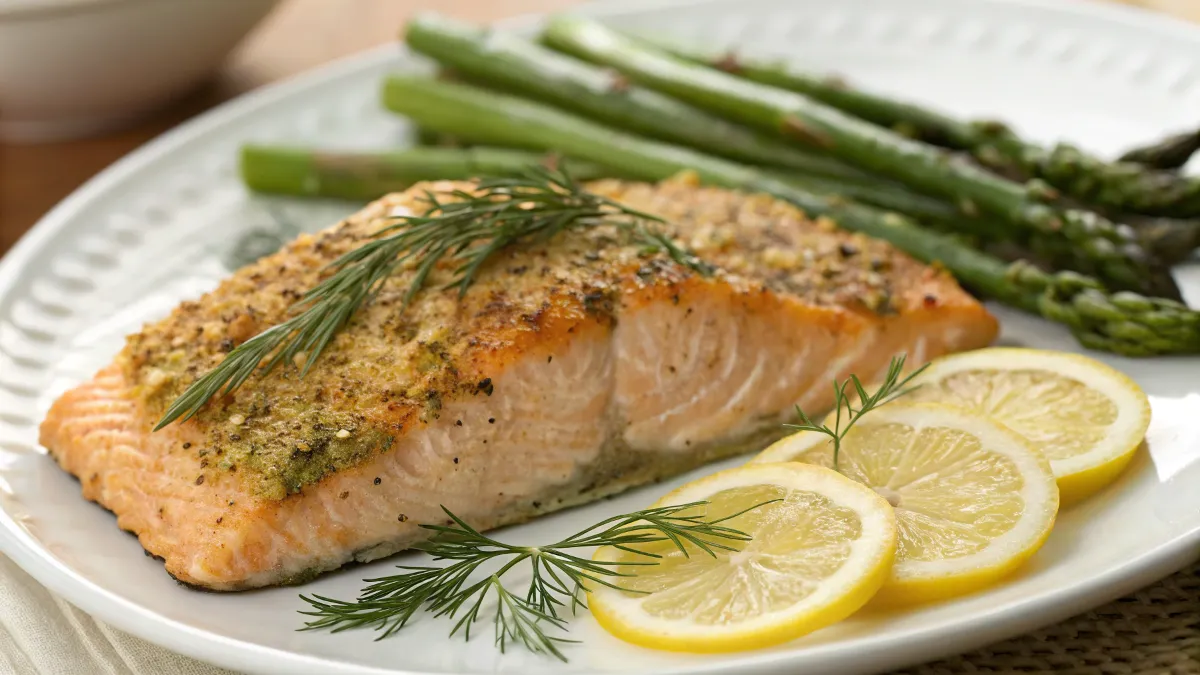 Perfectly baked lemon herb salmon with fresh dill and lemon slices.