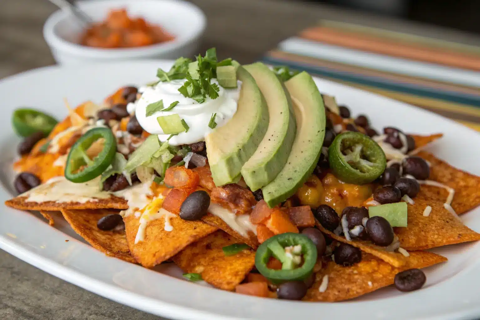 A plate of crispy Loaded Sweet Potato Nachos, topped with melted cheese, fresh avocado, jalapeños, black beans, and a drizzle of sour cream.