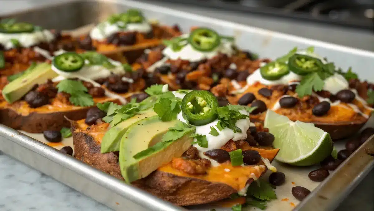Best loaded sweet potato nachos recipe with cheese and toppings.