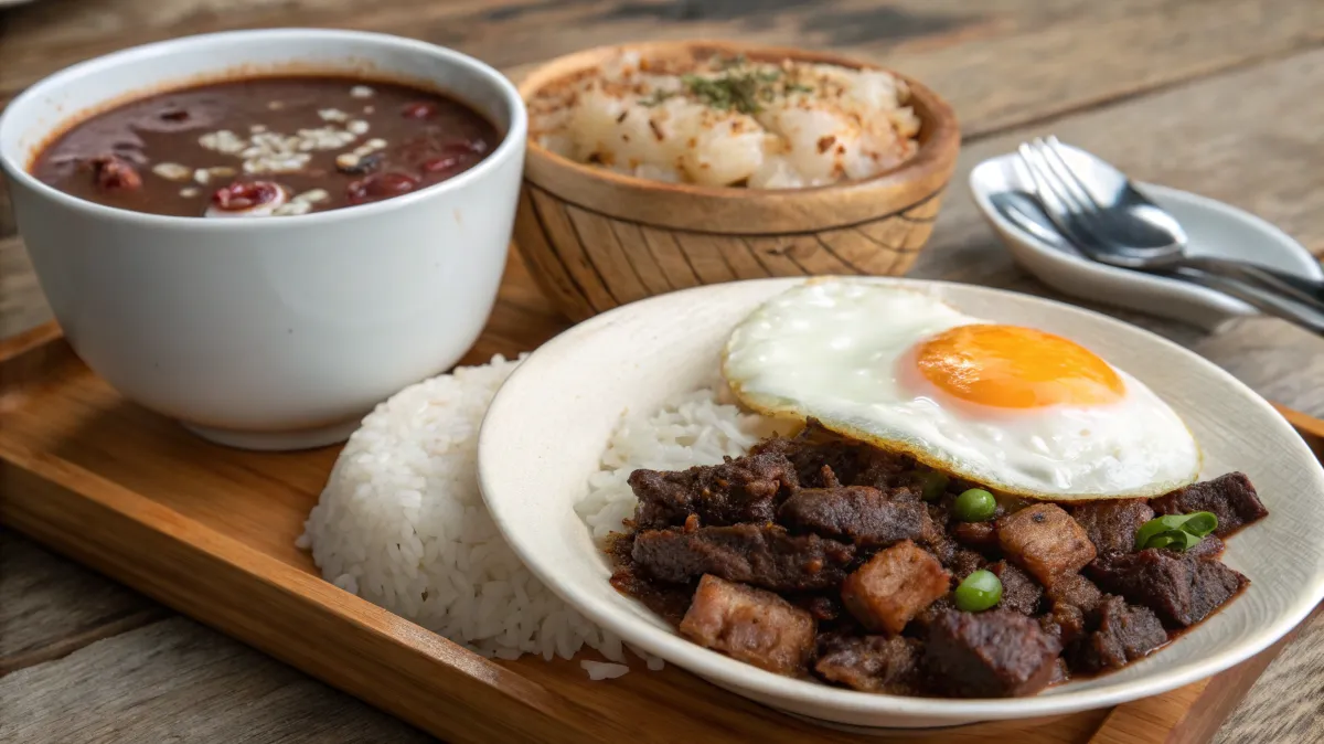 Traditional Pinoy breakfast with tapsilog, champorado, and Kapeng Barako.