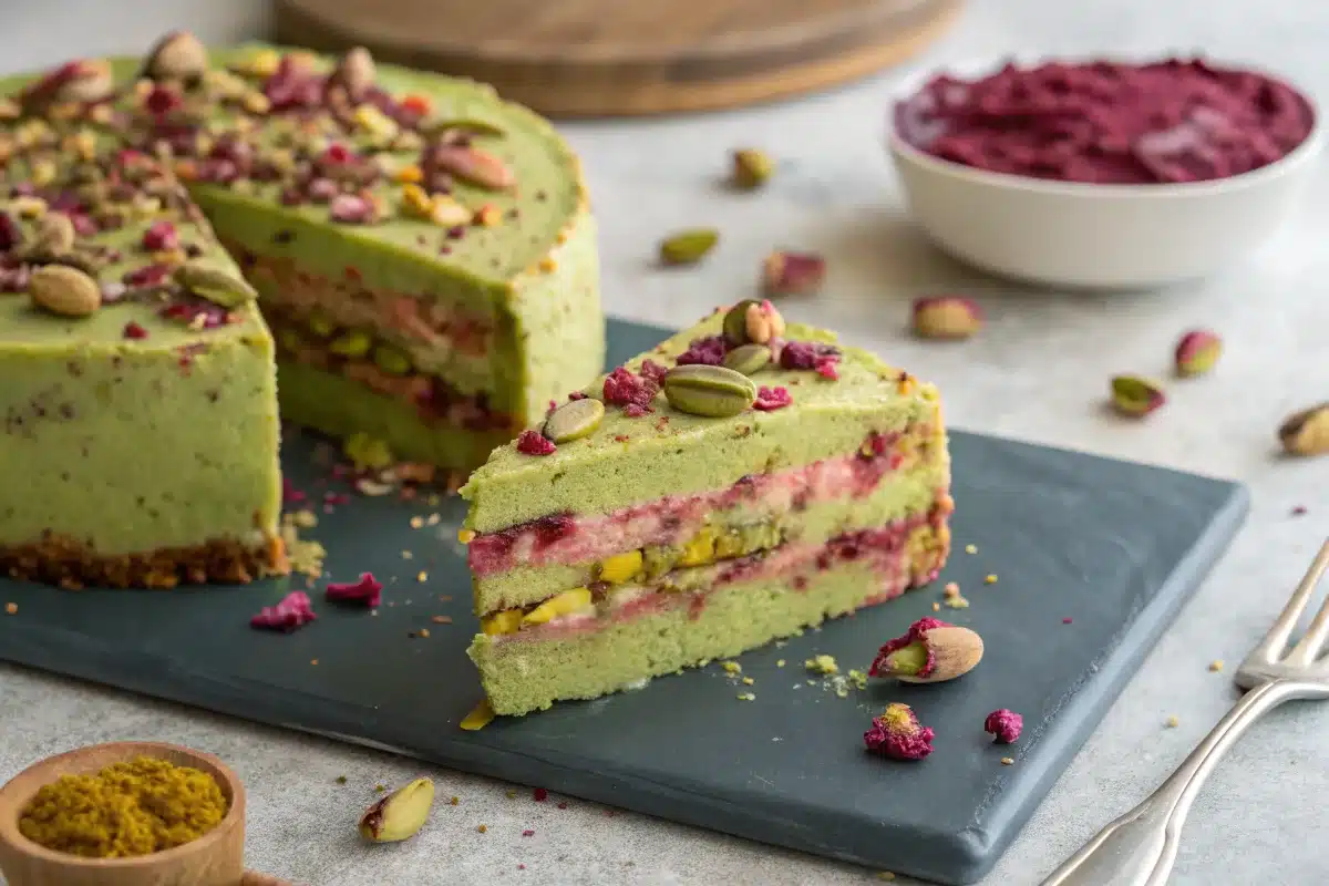 Freshly Baked Pistachio and Rosewater Cake with Crushed Pistachios