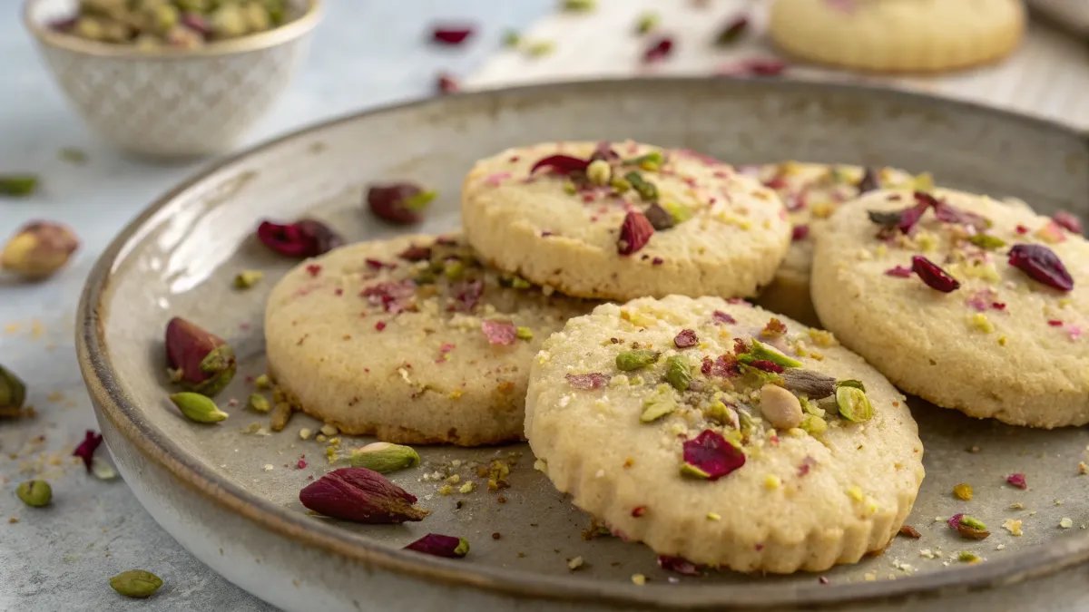 Freshly baked rose and pistachio shortbread cookies with a crumbly texture.