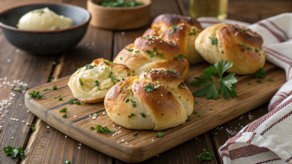 Freshly baked sourdough garlic knots with garlic butter