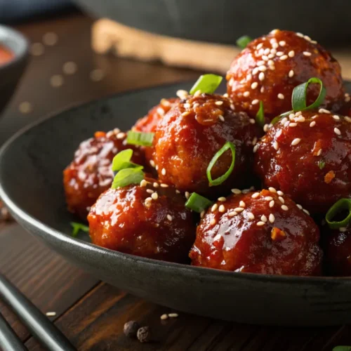 Spicy Honey Sriracha Meatballs glazed to perfection