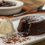 Vegan chocolate lava cake with molten center and vanilla ice cream