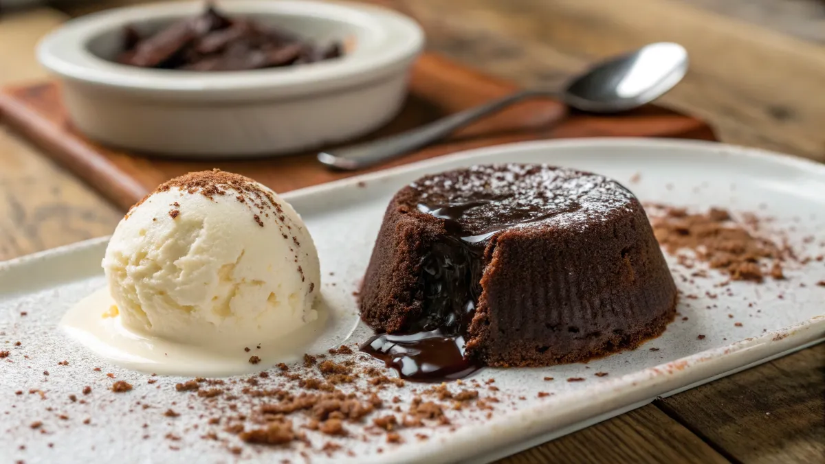 Vegan chocolate lava cake with molten center and vanilla ice cream