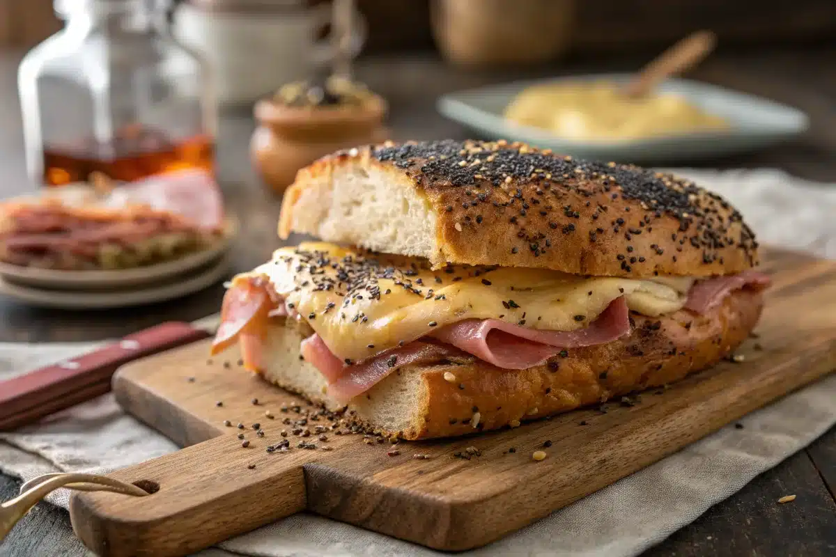 Warm poppy seed sandwich with ham, cheese, and golden crust