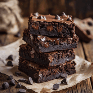 Fudgy black bean brownies with a rich, dark chocolate texture, topped with melted chocolate chips and served on parchment paper.