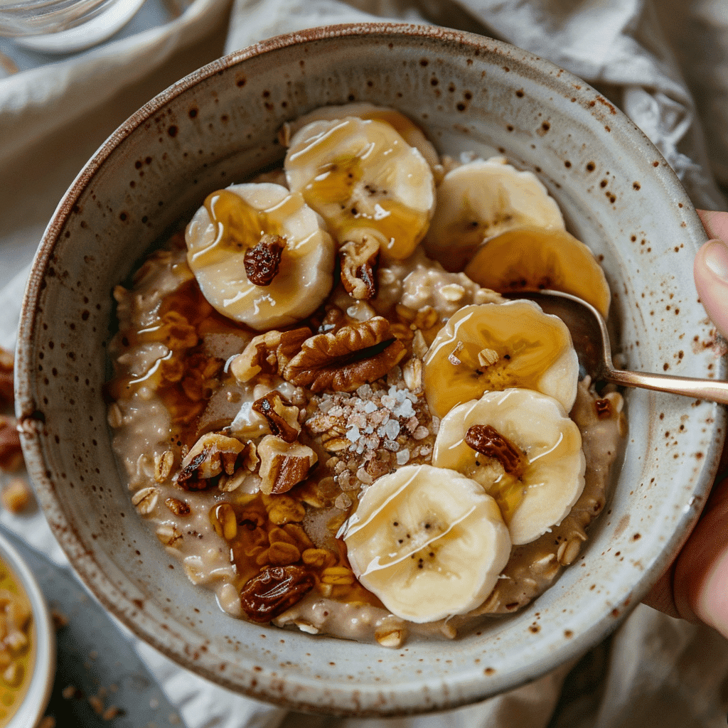 Pink salt date caramel drizzled over oatmeal with bananas in a ceramic bowl