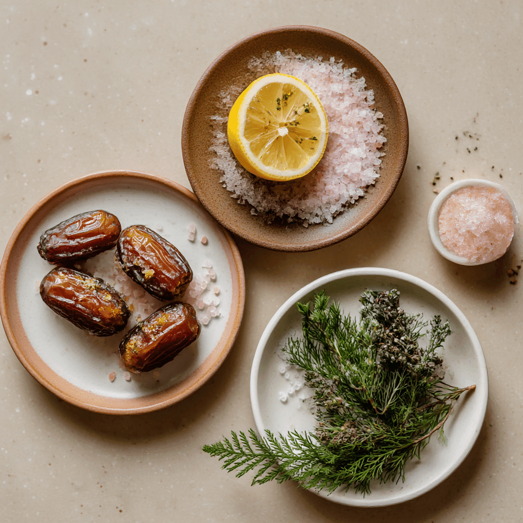 Flat lay of pink salt caramel dates, lemon drink, and salt with herbs on small plates
Himalayan Pink Salt Recipe