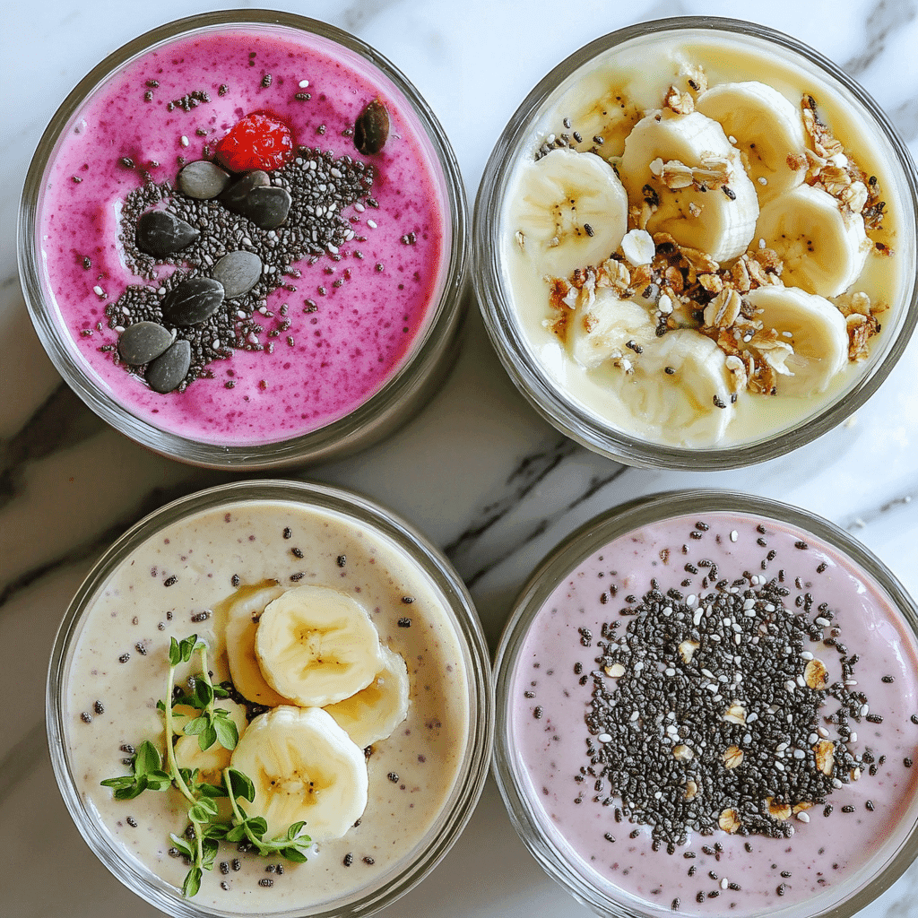 Variations of the watermelon-hibiscus date smoothie with toppings