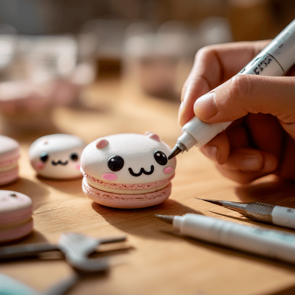 Hand drawing Labubu’s face on a macaron with edible marker