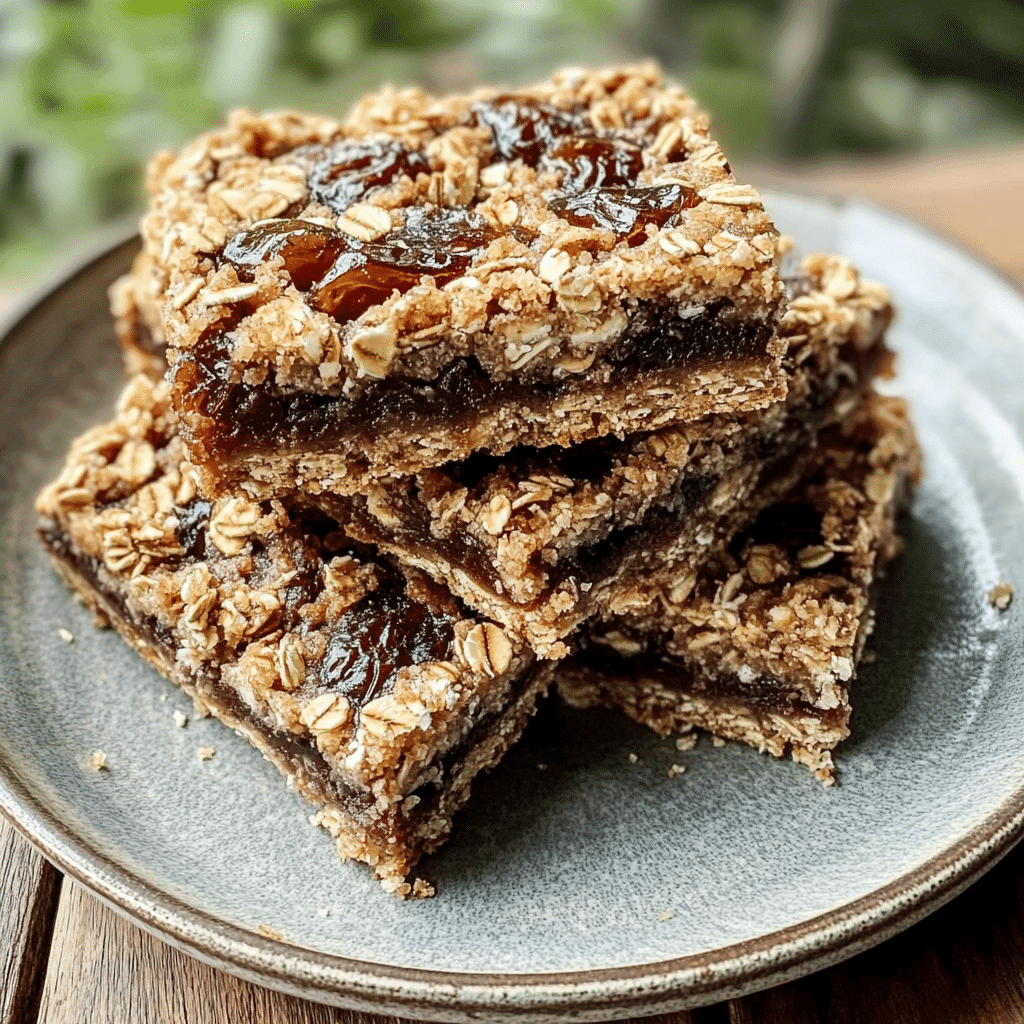 Healthy Date Oat Squares stacked on a ceramic plate, made with rolled oats and sweet Medjool date filling, no refined sugar.
