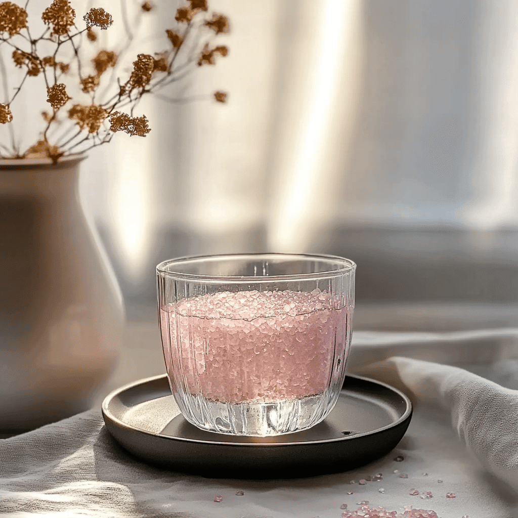 Glass of pink salt water on a ceramic plate with salt crystals, morning light and dried flowers in background