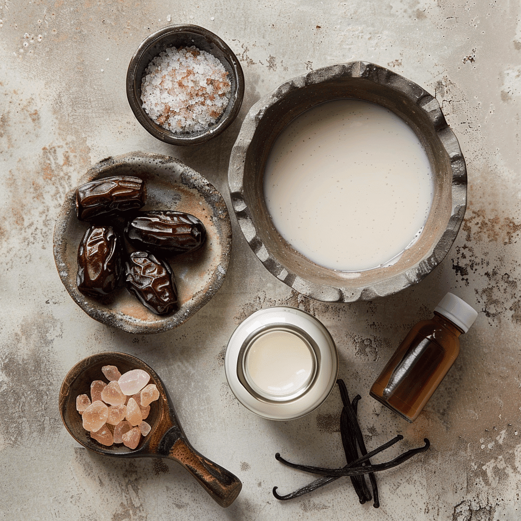 Overhead view of Medjool dates, coconut milk, pink Himalayan salt, vanilla extract, and water arranged on a light rustic surface