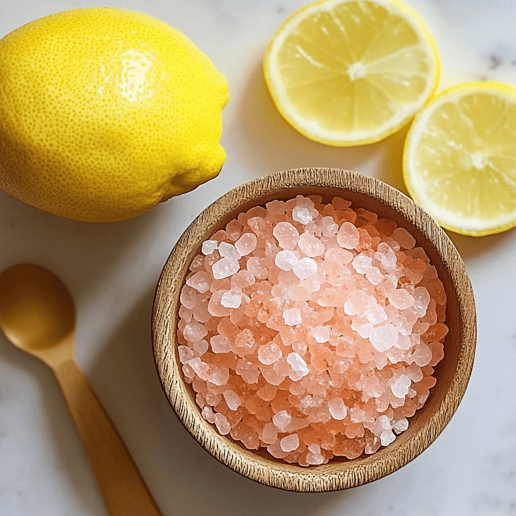 Close-up of Himalayan pink salt in wooden bowl with whole and sliced lemon on white marble