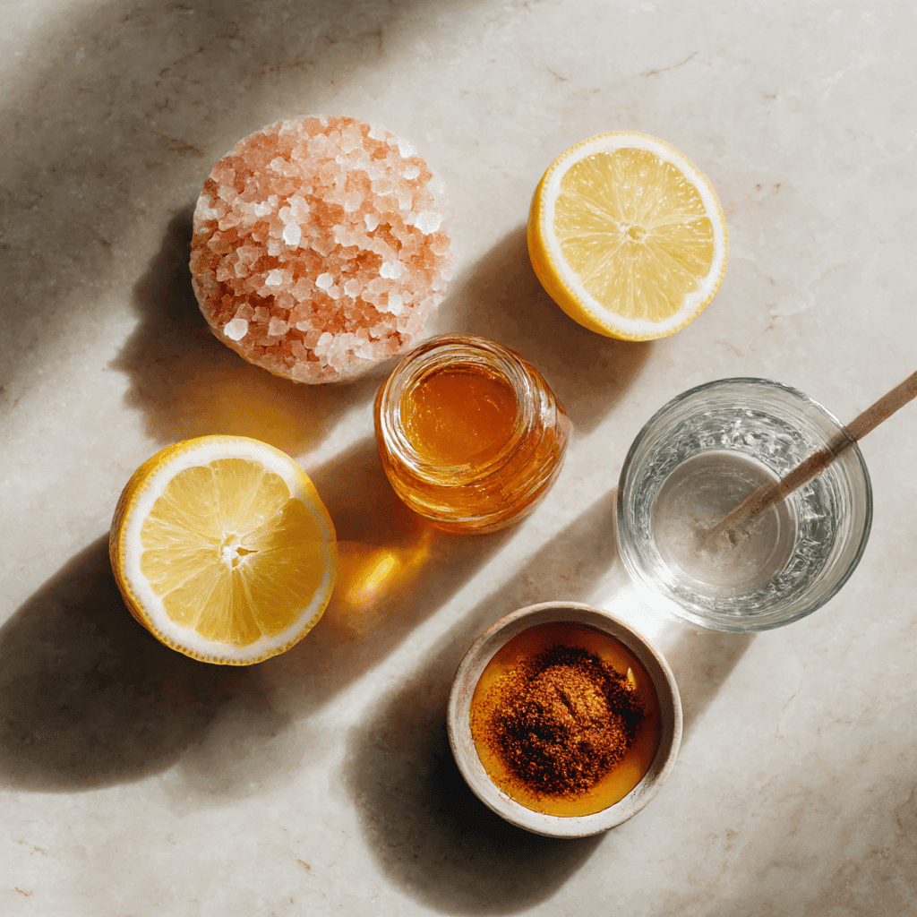 Himalayan pink salt, lemon, honey, and cayenne arranged for making pink salt water
the Pink Salt Trick