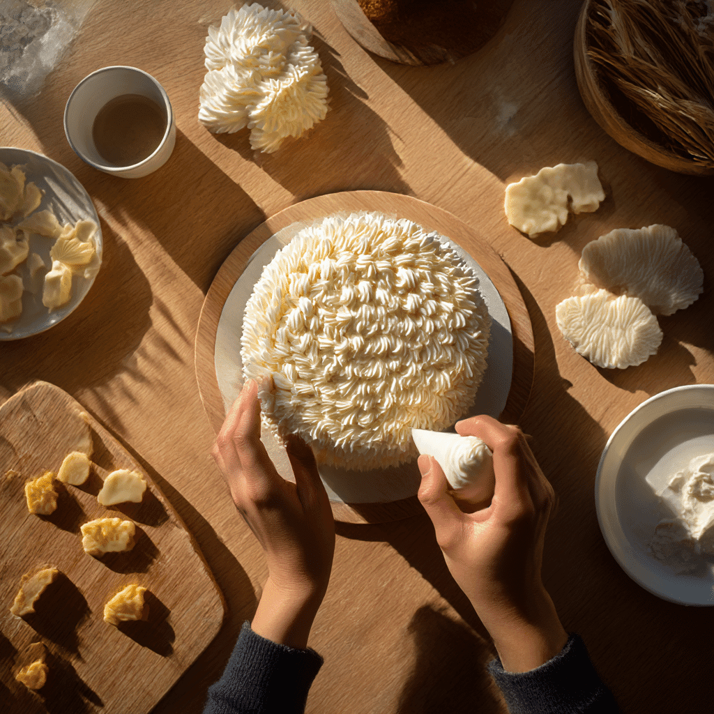 Hands decorating a Labubu cake with buttercream
