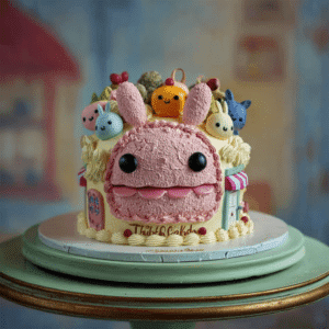 Labubu-themed cake topped with colorful fondant figures and piped frosting, featuring a large pink character face with bunny ears