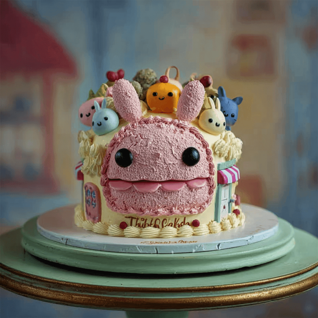 Labubu-themed cake topped with colorful fondant figures and piped frosting, featuring a large pink character face with bunny ears