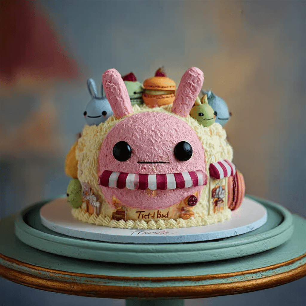 Cute Labubu-inspired birthday cake with pastel decorations, macarons, and smiling fondant characters on a green cake stand