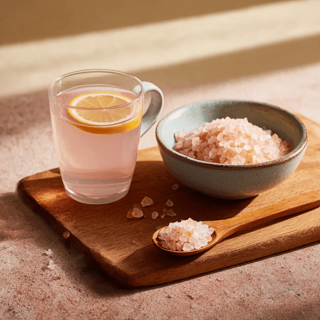 A glass of pink salt water with lemon beside Himalayan salt on a rustic kitchen counter