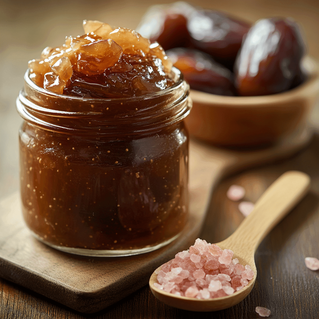 Creamy pink salt date caramel in a glass jar with wooden spoon on rustic table