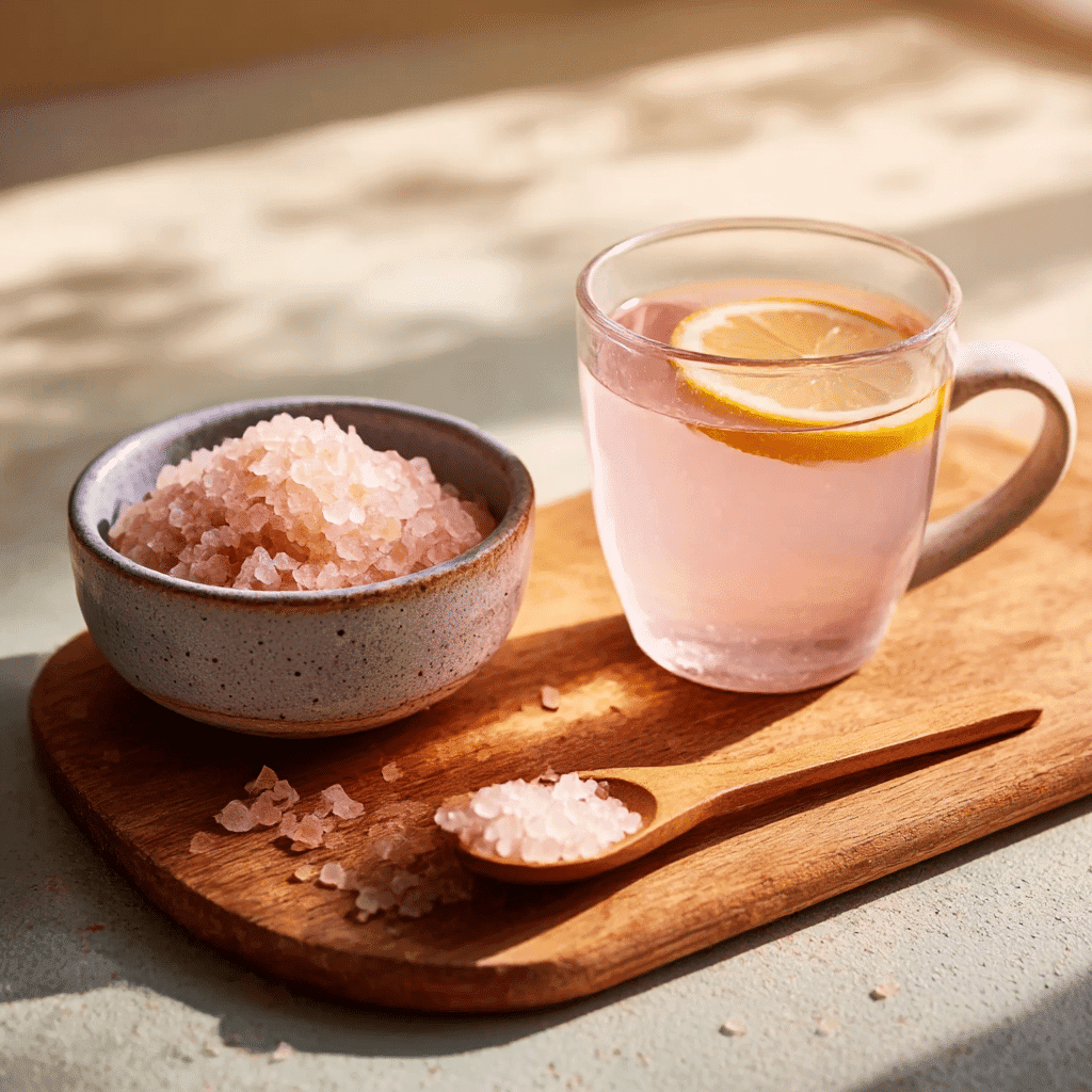 pink salt detox drink with lemon and cayenne, styled for recipe display