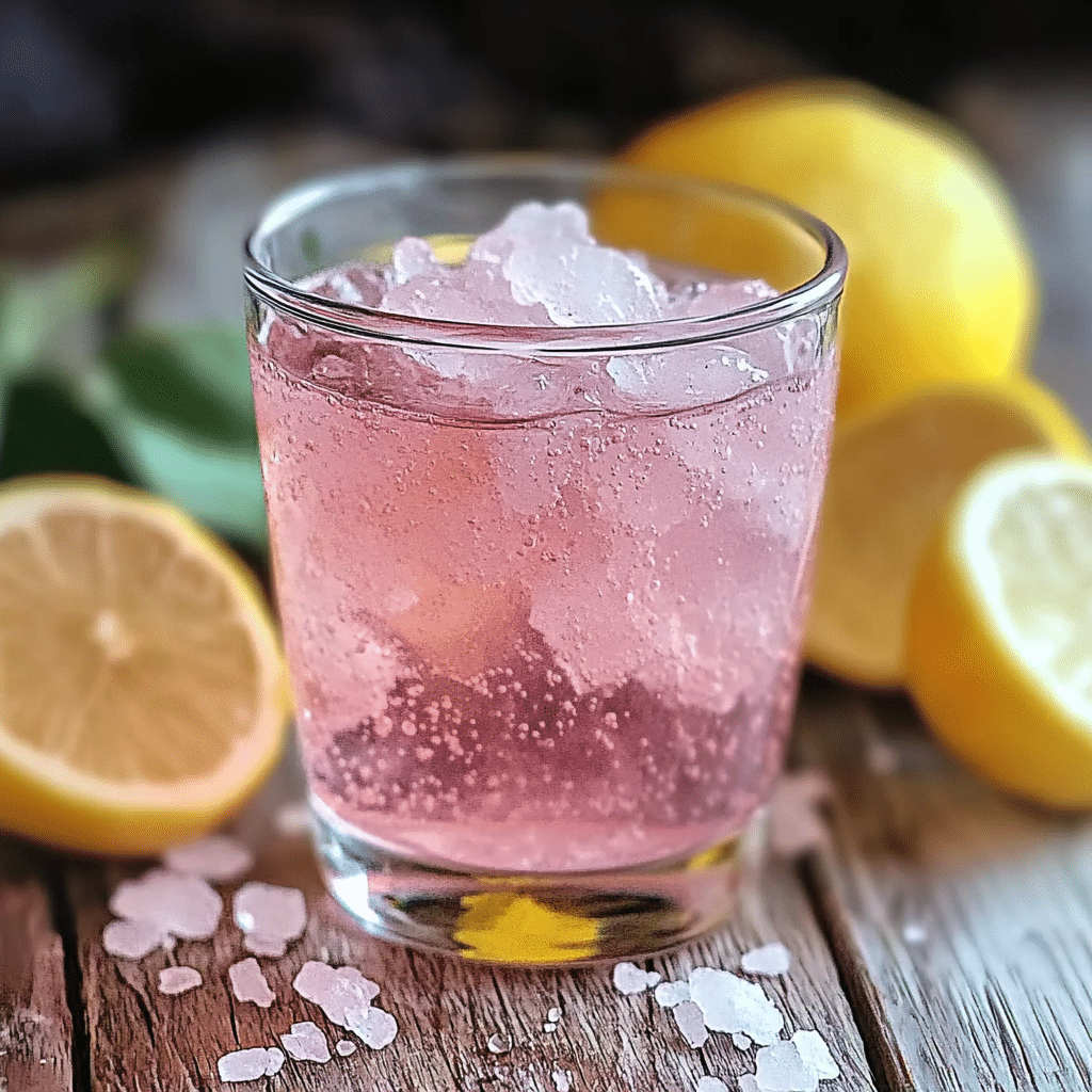 Iced pink salt water with lemon slices on rustic wood, fizzy hydration drink.Pink Salt Trick Recipe for Weight Loss