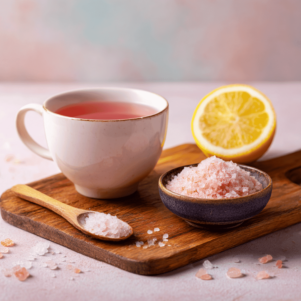 A ceramic cup of pink salt water beside a bowl of Himalayan pink salt and a sliced lemon on a wooden board