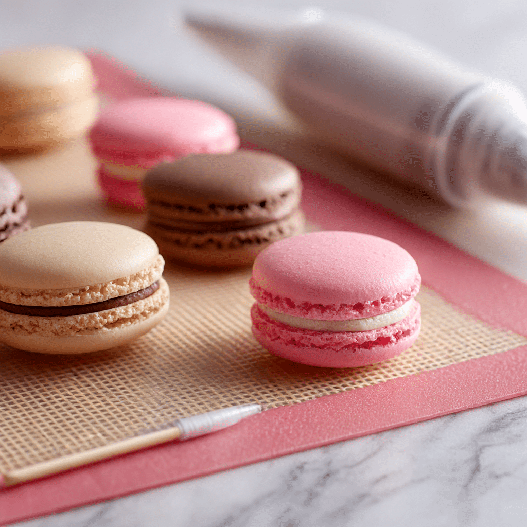 Labubu-colored macaron shells piped on a baking mat before baking
