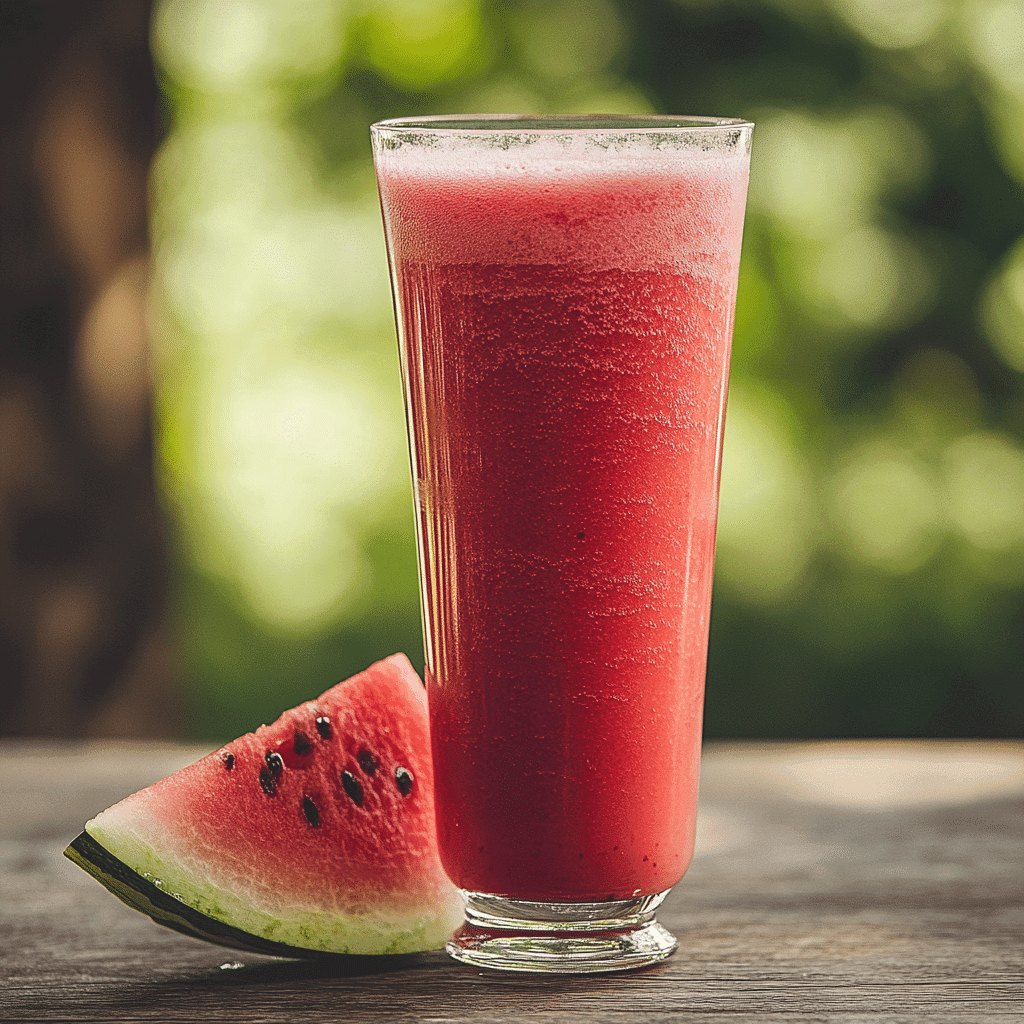 Watermelon-Hibiscus Date Smoothie in a clear glass with mint and watermelon garnish