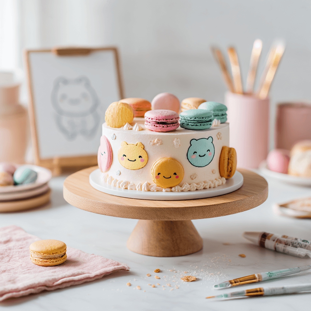 Labubu Macarons Cake displayed on a cake stand with colorful character macarons