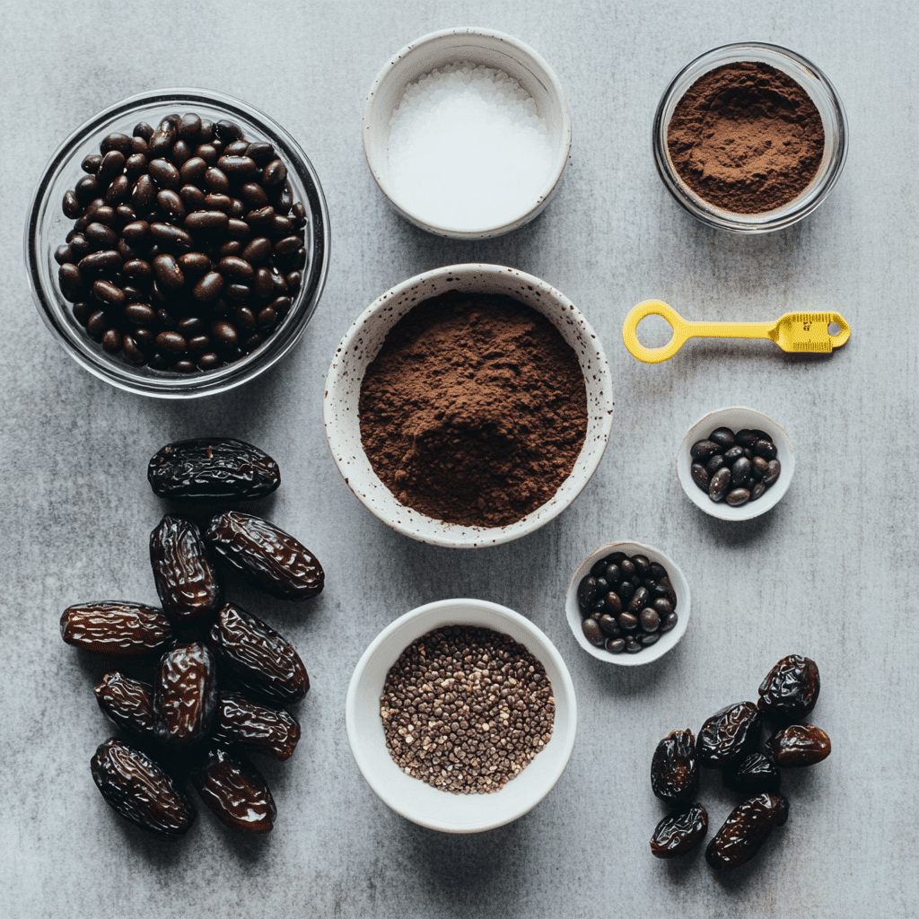 Ingredients for black bean brownies sweetened with dates