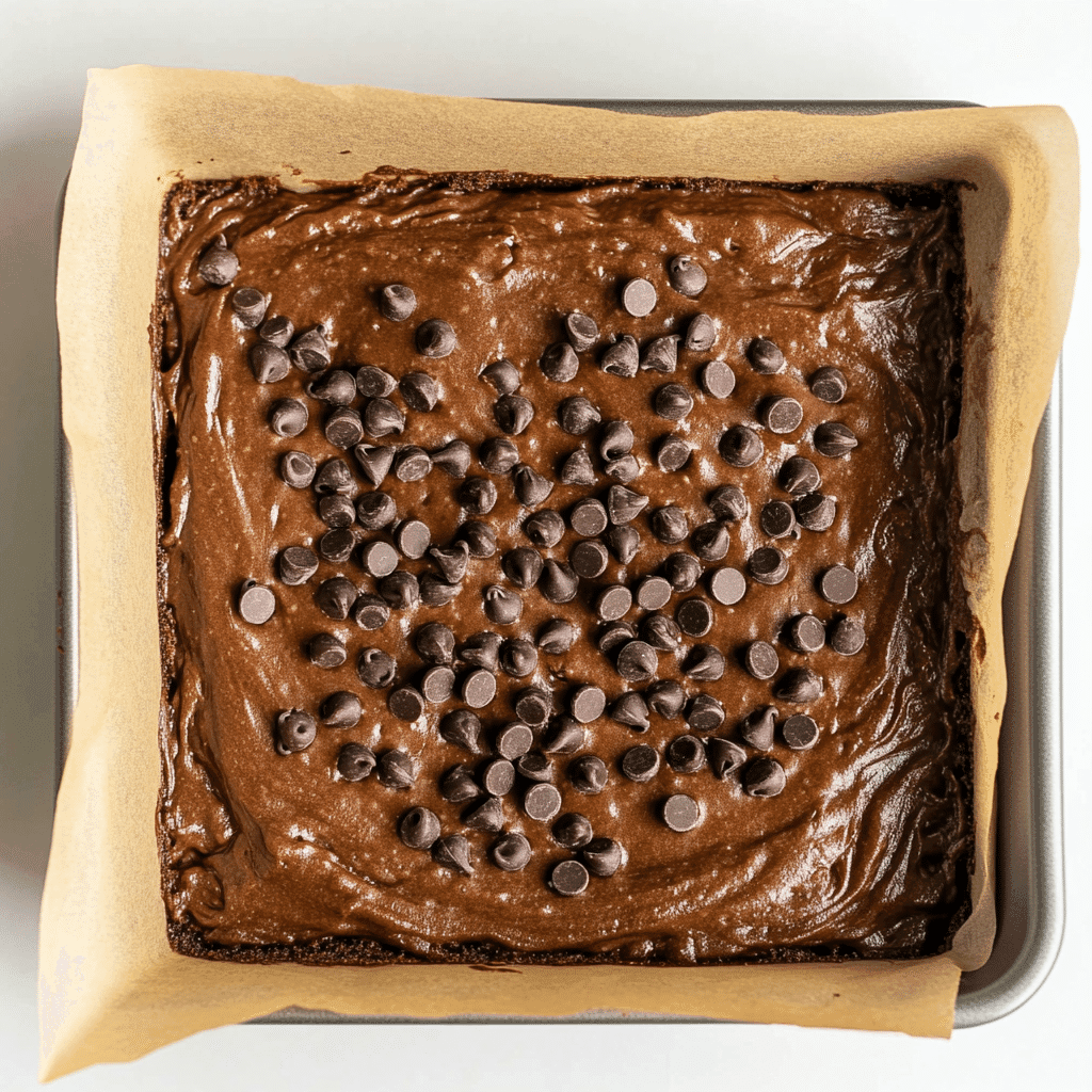 Black bean brownie batter in pan with chocolate chips