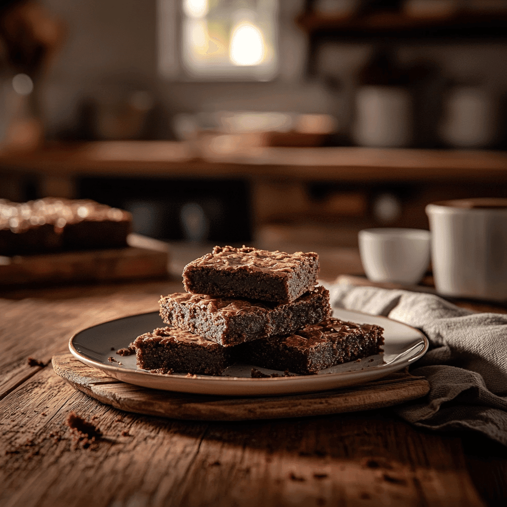 Date sweetened brownies on rustic table