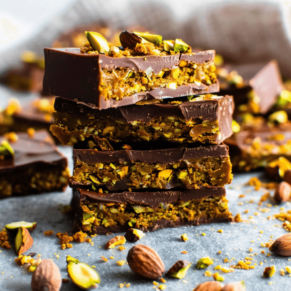 Dubai pistachio chocolate bars served with gold leaf and pistachio garnish beside a cup of espresso