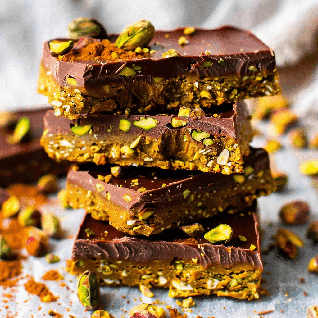 Close-up of a Dubai style pistachio chocolate bars cracked open on a marble surface