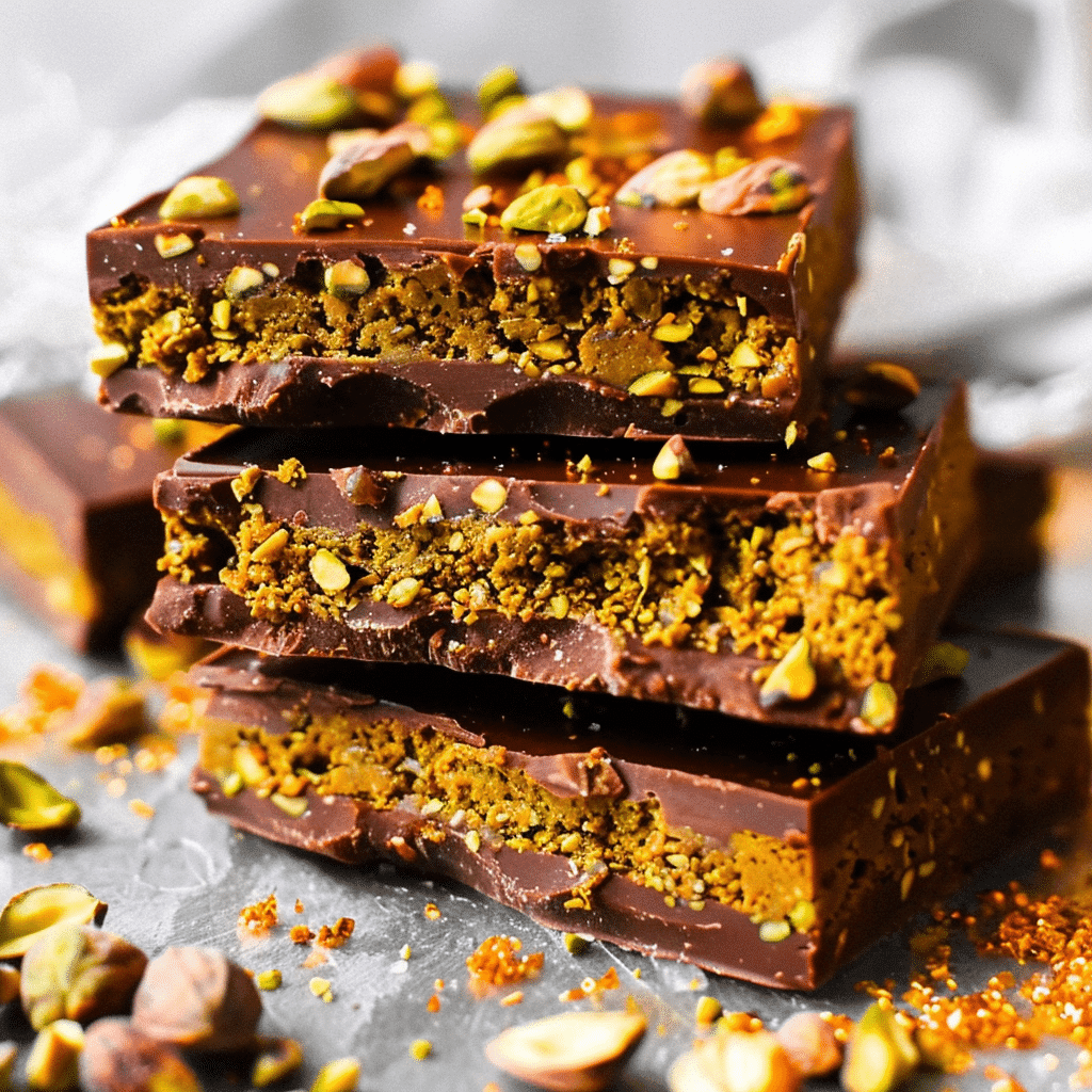 close-up of stacked Dubai-style pistachio chocolate bars with a rich pistachio filling, crisp texture, and dark chocolate shell, garnished with chopped pistachios