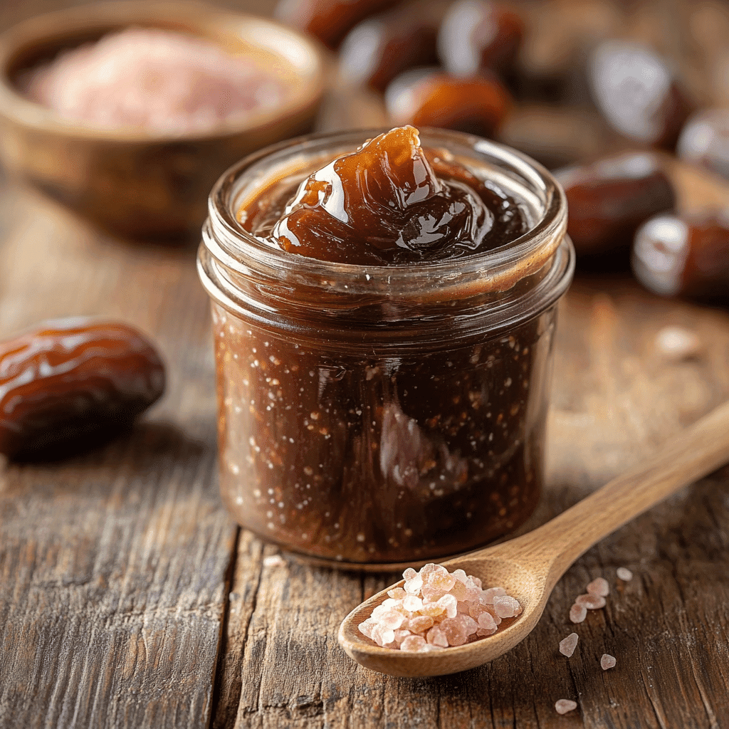 pink salt date caramel in a glass jar with wooden spoon on rustic table
