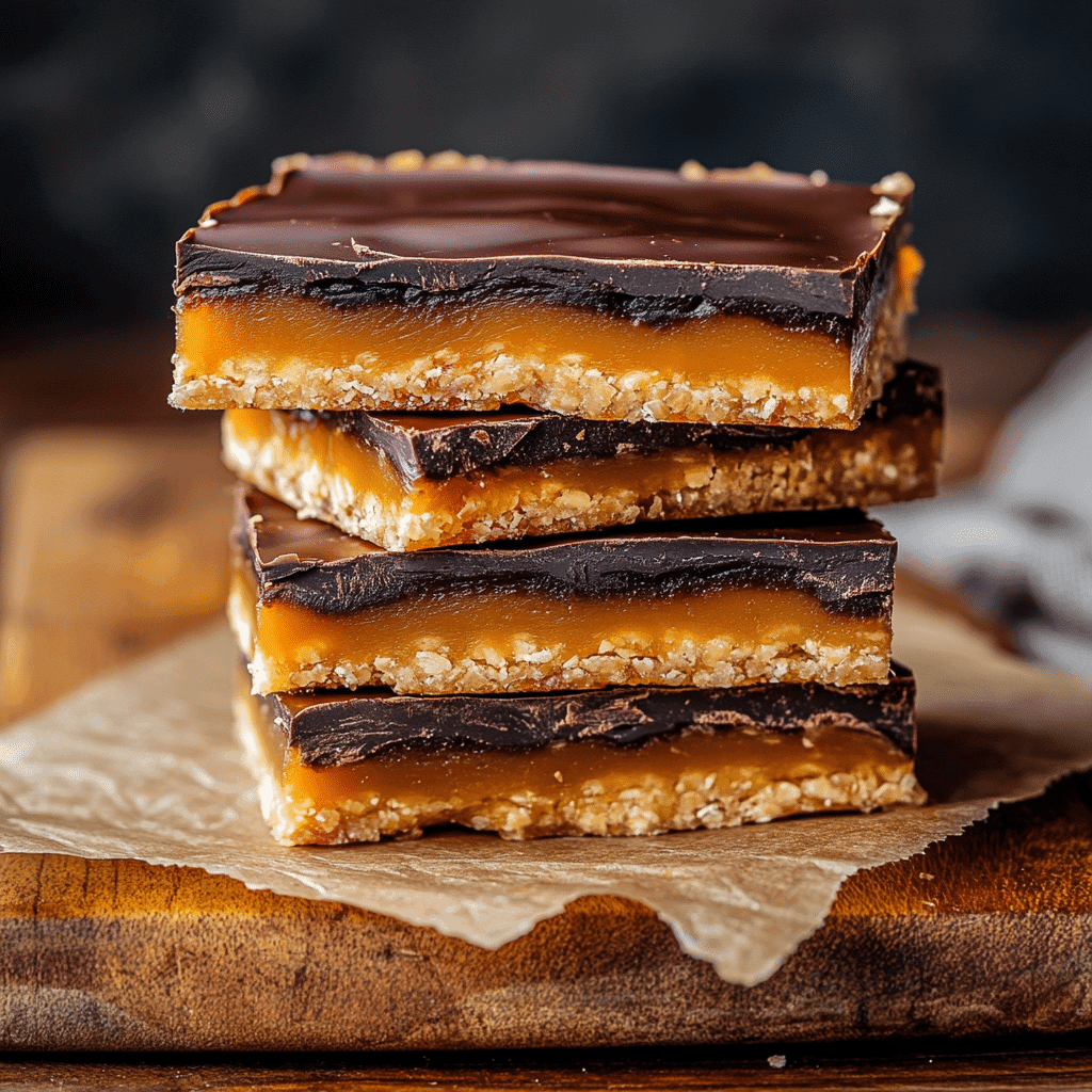 No-bake healthy Twix bars with dates stacked and sliced