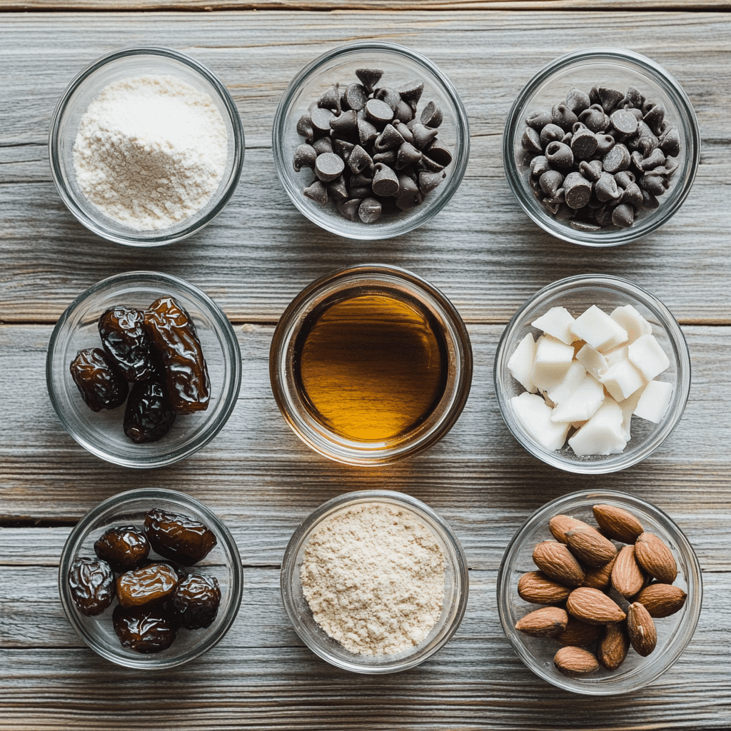 Twix bar ingredients including dates, almond flour, and chocolate