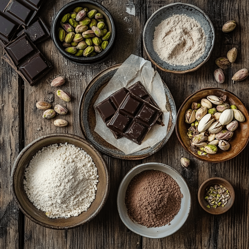 Flat lay of ingredients used to make Dubai Style Pistachio Chocolate Bars, including pistachios and kataifi pastry