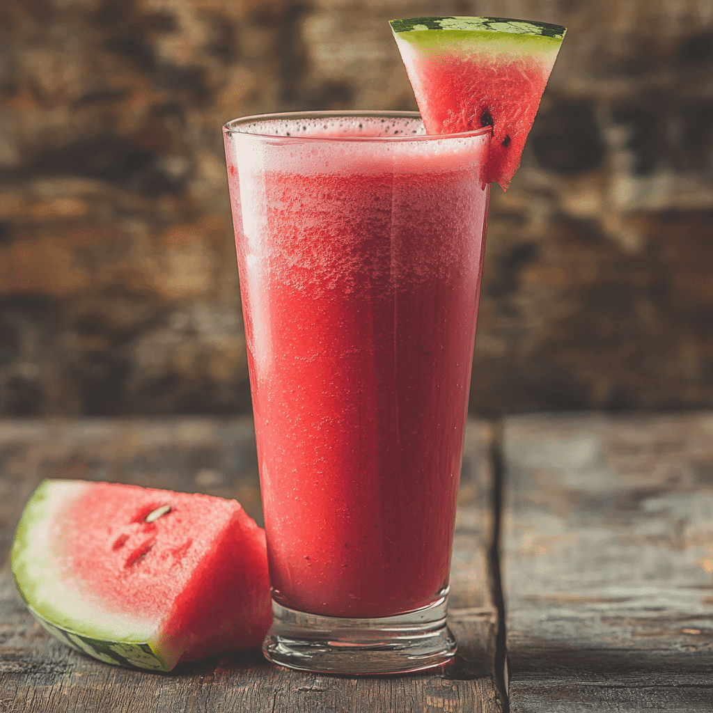 Tall glass of vibrant pink watermelon-hibiscus smoothie garnished with a fresh watermelon wedge, set on a rustic wooden surface.