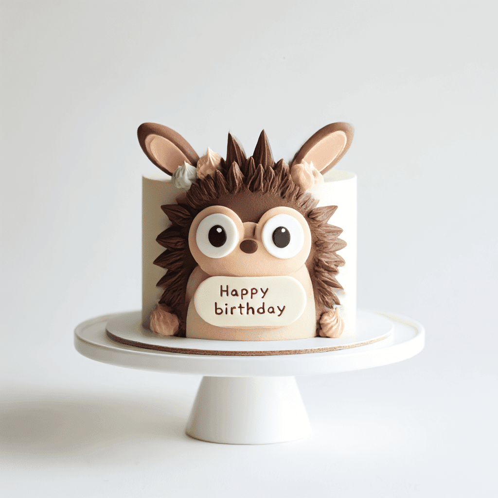 Brown Labubu birthday cake with fondant ears and big eyes on white stand