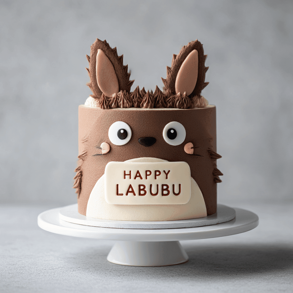 Happy Labubu character cake in brown fondant with 3D ears and message plaque.brown Labubu cake