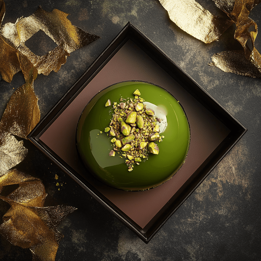 Matcha luxury dessert topped with pistachios in elegant Labubu-style