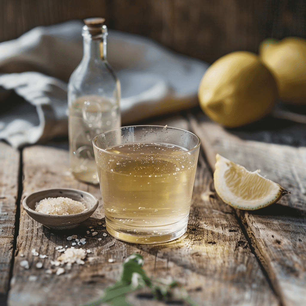 Glass of pink salt vinegar baking soda tonic fizzing with lemon and Himalayan salt