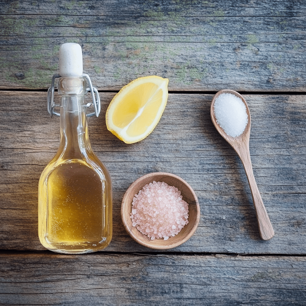 ingredients for pink salt vinegar baking soda recipe